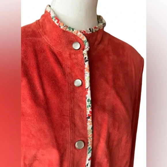 Vintage Suede Large Orange Red Jacket Leather 80s 90s Retro Designer JDS - Picture 2 of 14